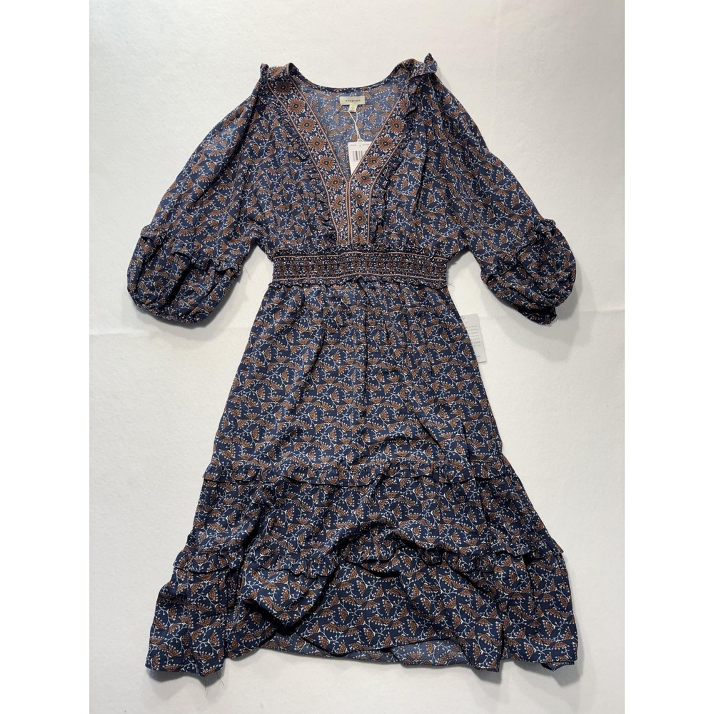 Max Studio Dress Womens Large Blue Floral V Neck Smocked Ruffle Boho 3/4 Sleeve